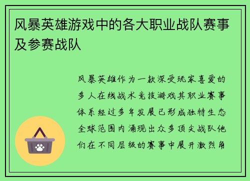 风暴英雄游戏中的各大职业战队赛事及参赛战队